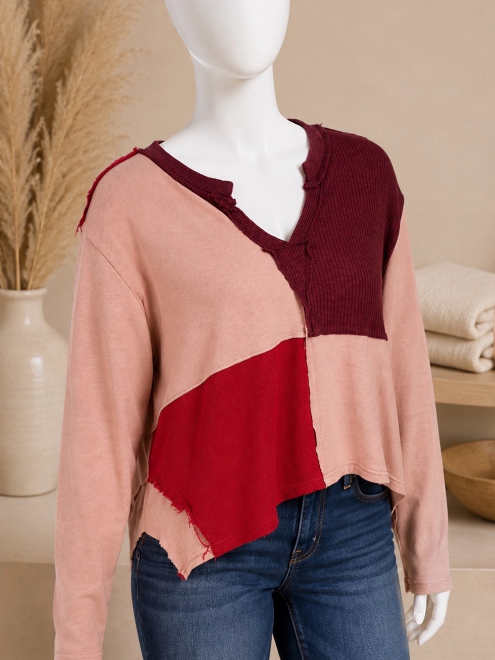 POL Colorblock V-Neck Sweater in Pink, Red & Burgundy NWOT